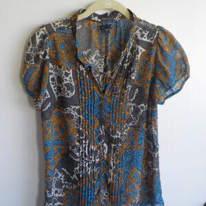 Gap Blouse - Size Small - Short Sleeve - Sheer - Print - Orange/blue/brown/white